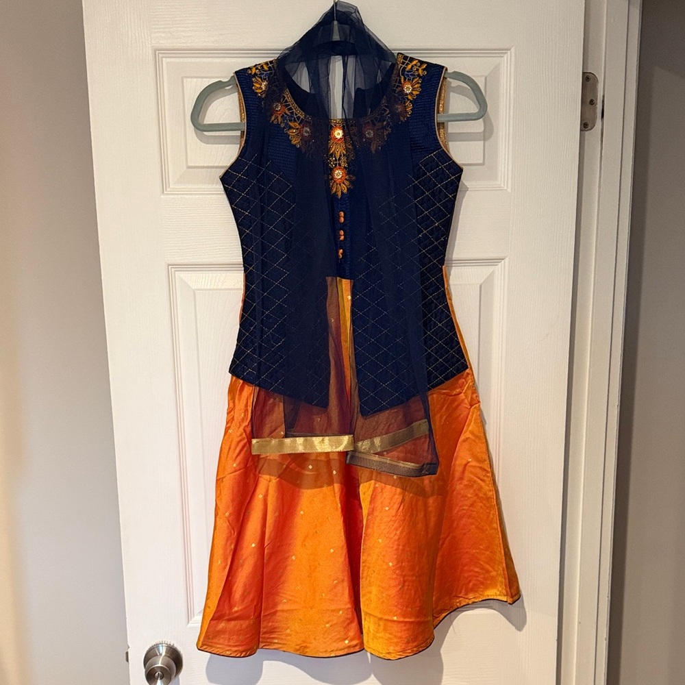 Navy and Orange Embroidered Dress